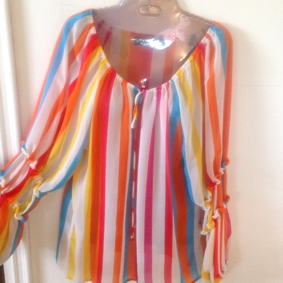 pink polka dot Tops - FUN STRIPE DEMI SHEER TOP/TUNIC